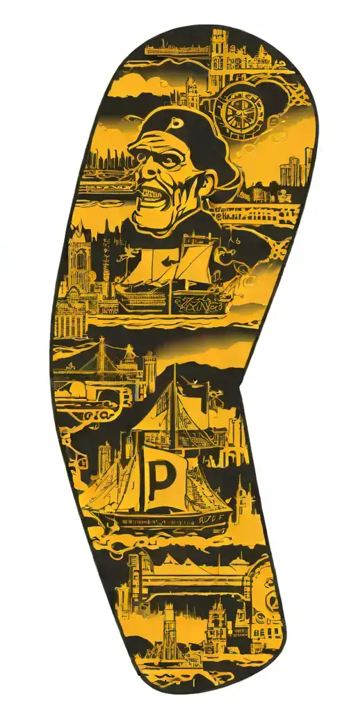 Pittsburgh Pirates P on forearm sleeve, with Pittsburgh skyline tattoo design idea