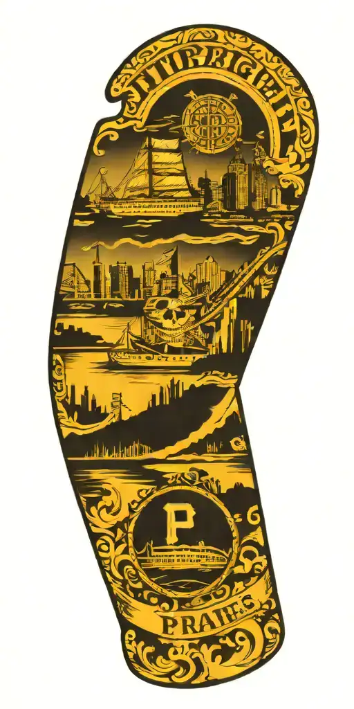 Pittsburgh Pirates P on forearm sleeve, with Pittsburgh skyline tattoo design idea