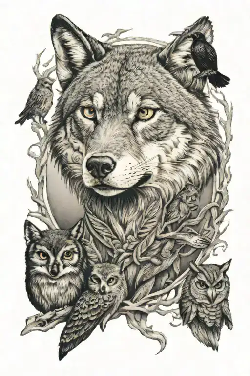 wolf, owl, snake, raven, cougar, elk tattoo design idea