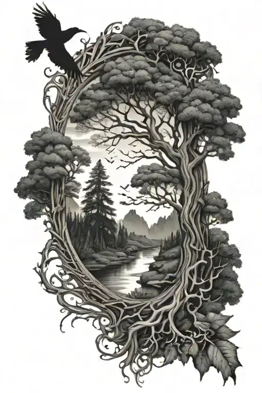 Sleeve with a forest in the lower part that lead to a giant tree which will be ygdrasil. Also include 2 large crow tattoo design idea