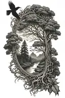 Sleeve with a forest in the lower part that lead to a giant tree which will be ygdrasil. Also include 2 large crow tattoo design idea