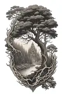 Sleeve with a forest in the lower part that lead to a giant tree which will be ygdrasil. Also include 2 large crow tattoo design idea
