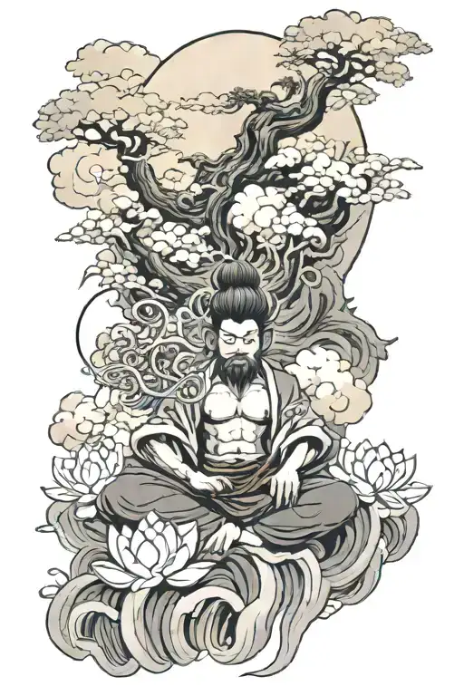 The view of clouds and mountains above on both sides, Sun Wukong sitting on a lotus flower below tattoo design idea