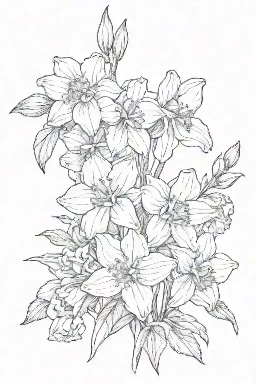  larkspur, sweet pea, narcissus flowers intertwined  tattoo design idea