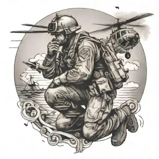 A black-grey tattoo of a soldier praying before a helicopter takeoff tattoo design idea