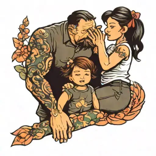 A forearm tattoo representing a united family: a father and mother holding the hand of their 5 year old daughter and tattoo design idea