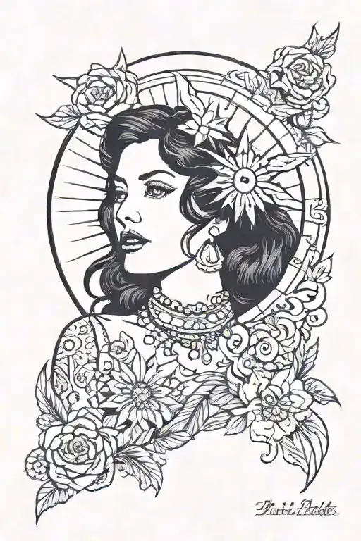 woman looking sideways with black hair and sunshine tattoo design idea