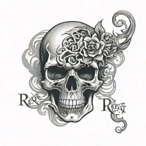 An intricate skull design with smoke tendrils forming the shape of the words 'Rest in Peace Manuel' tattoo design idea