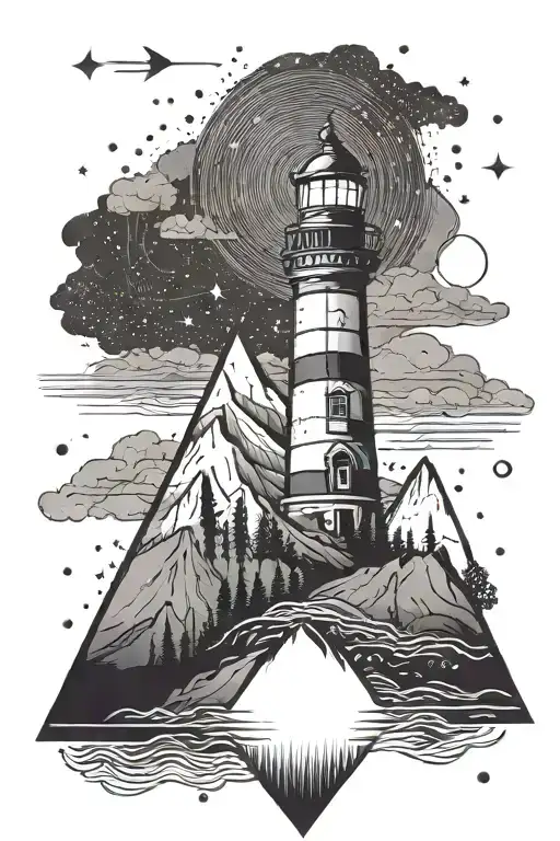 triangle anime wave lighthouse mountains silhouette of man tattoo design idea