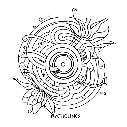 A whimsical composition of musical instruments intertwined with tropical flowers tattoo design idea