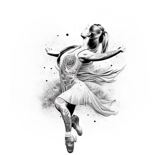 A tattoo of a breaking dancer surrounded by the lyrics of a meaningful hip hop song, with dotwork style shading to create depth and texture tattoo design idea