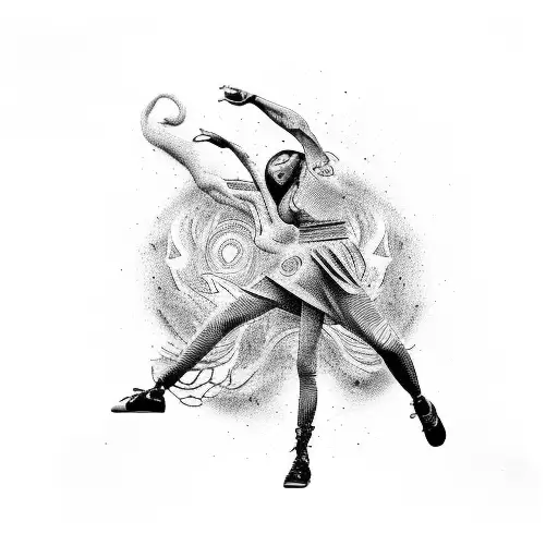 A tattoo of a breaking dancer in a powerful pose, with the four elements of hip hop (DJing, MCing, graffiti, and breaking) incorporated in the background tattoo design idea