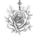 Rosary necklace wraped around a watch with roses in the background tattoo design idea