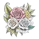 Rose with the name Kara and Aster with the name Ezra tattoo design idea