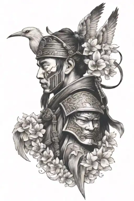 Side Profile of a samurai warrior wearing a  face mask surrounded by cranes and oriental flowers tattoo design idea