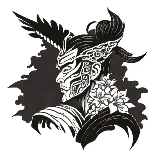 Side profile of Samurai Warrior face surrounded by cranes and oritenal flowers tattoo design idea
