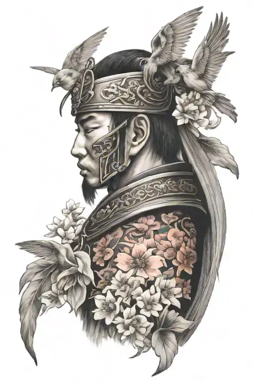 Side Profile of a samurai warrior  face only wearing a  face mask surrounded by Japanese birds and oriental flowers tattoo design idea