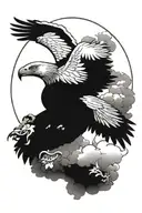 eagle soaring , sun, North Star , clouds under , flowers  tattoo design idea