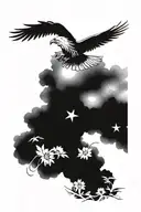 eagle soaring , sun, North Star , clouds under , flowers  tattoo design idea