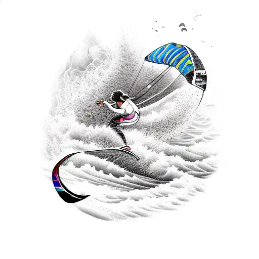 A vibrant kitesurfing scene set against the stunning landscapes of New Caledonia in a dotwork style tattoo design idea