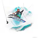 A vibrant kitesurfing scene set against the stunning landscapes of New Caledonia in a dotwork style tattoo design idea