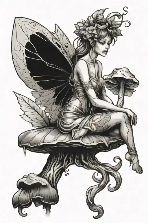 forest fairy in avatar style forest sitting on a mushroom tattoo design idea