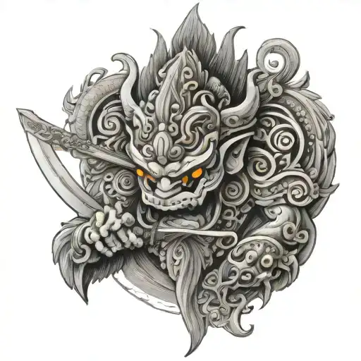 barong ragdah with sword tattoo design idea