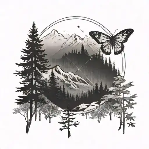 A serene mountain landscape with a hidden archery target among the trees, accented with delicate butterfly wings tattoo design idea