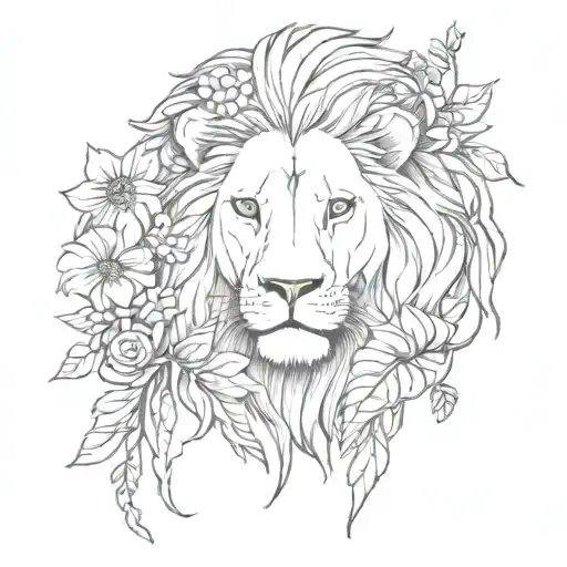 lion and lungs and floral tattoo design idea