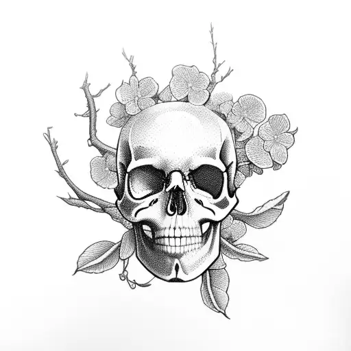 A skull made of apple blossoms, surrounded by an apple tree silhouette tattoo design idea