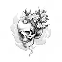 A skull made of apple blossoms, surrounded by an apple tree silhouette tattoo design idea