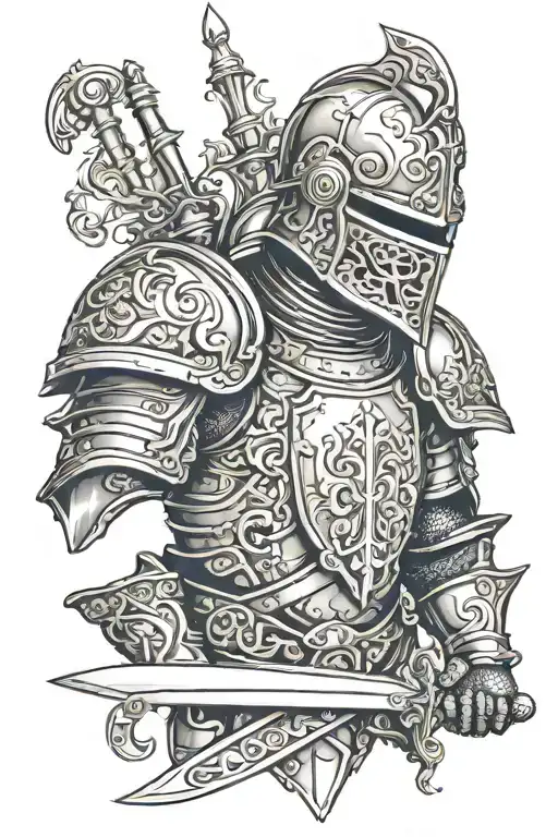 knight plate armour, ornate design, resting on sword tattoo design idea