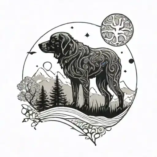 Vermont mountains waves sun moon tree of life paw prints dog tattoo design idea