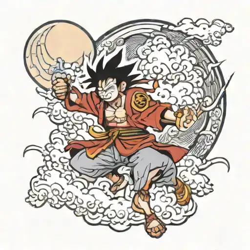 gear 5 Luffy the moon clouds lightning sun wu kong tattoo design idea