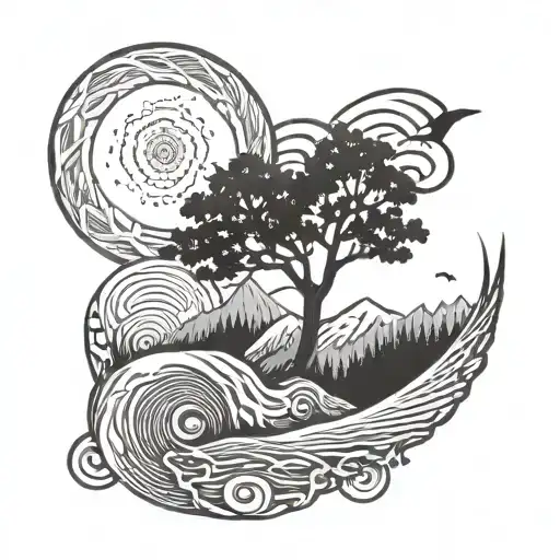 Vermont mountains tree of life waves paw prints sun moon  tattoo design idea
