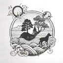 Vermont mountains tree of life waves paw prints sun moon  tattoo design idea