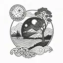 Vermont mountains tree of life waves paw prints sun moon  tattoo design idea