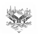 dark forest with light ray In middle and Fogg all around  tattoo design idea