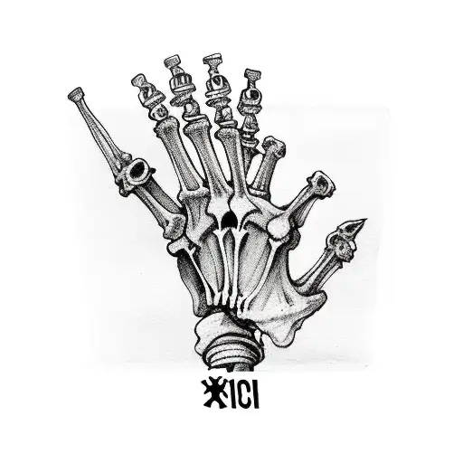 skeleton hand holding a bottle that says "XXX" with a tag that says poison but poison is crossed out and Cure is written tattoo design idea