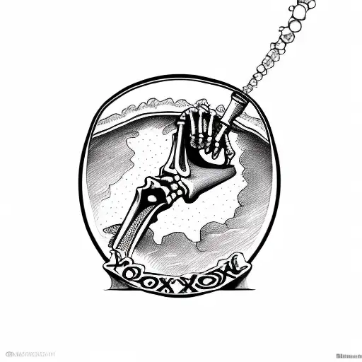 skeleton hand holding a bottle that says "XXX" with a tag that says poison but poison is crossed out and Cure is written tattoo design idea
