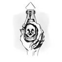 skeleton hand holding a bottle that says "XXX"  tattoo design idea