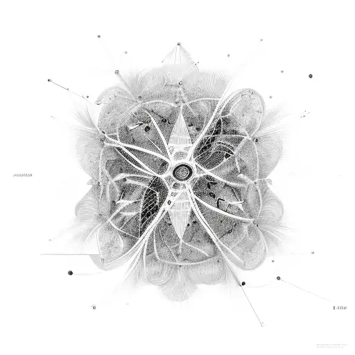 A scientific illustration of a complex network of interconnected neurons, resembling a peacock's feathers and two rings tattoo design idea