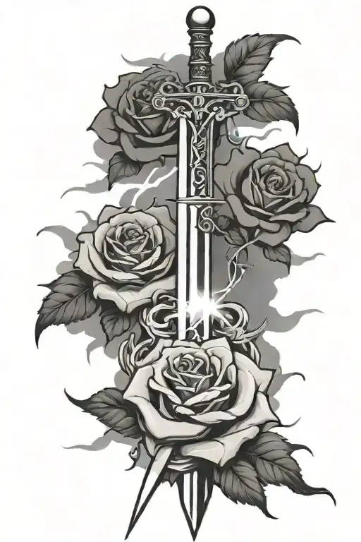sword in the clouds with lightning behind it and a rose centered over the sword tattoo design idea