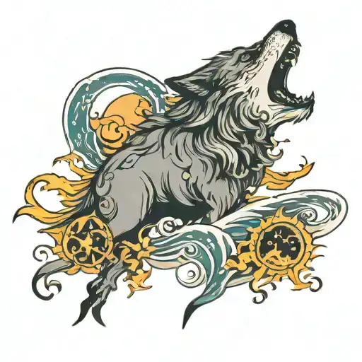 wolf, scorpio, sun and moon, mountain and ocean waves tattoo design idea