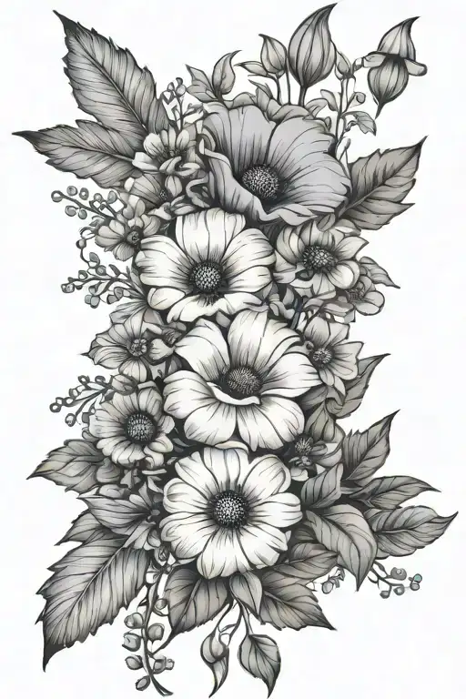 birth flower bouquet, poppy, morning glory, cosmos, holly flowers with wildflower stems tattoo design idea