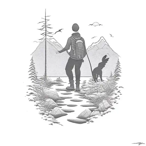 silhouette of a person hiking and standing infront of a clearing with a lake with mountains in the background and a dog  tattoo design idea