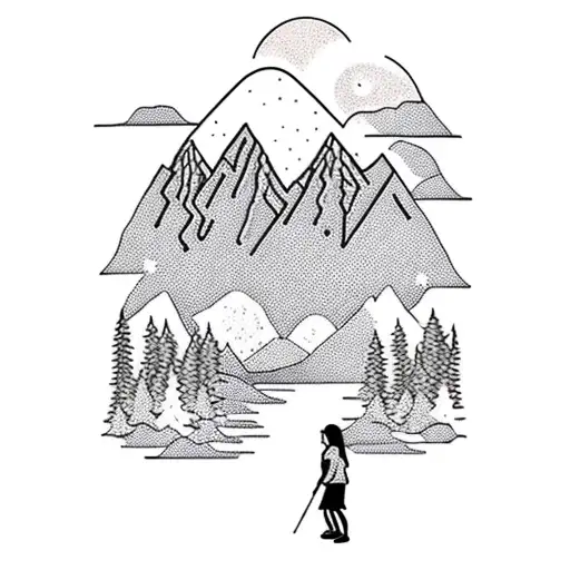 silhouette of a person hiking and standing infront of a clearing with a lake with mountains in the background and a dog  tattoo design idea