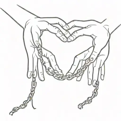 couple's hands with broken chains that intertwine them and the debate between the heart and the brain tattoo design idea