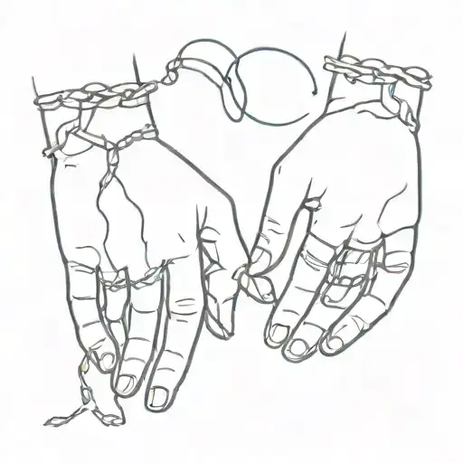 couple's hands with broken chains that intertwine them and the debate between the heart and the brain tattoo design idea