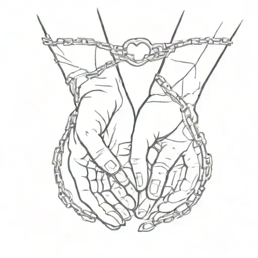 couple's hands with broken chains that intertwine them and the debate between the heart and the brain tattoo design idea